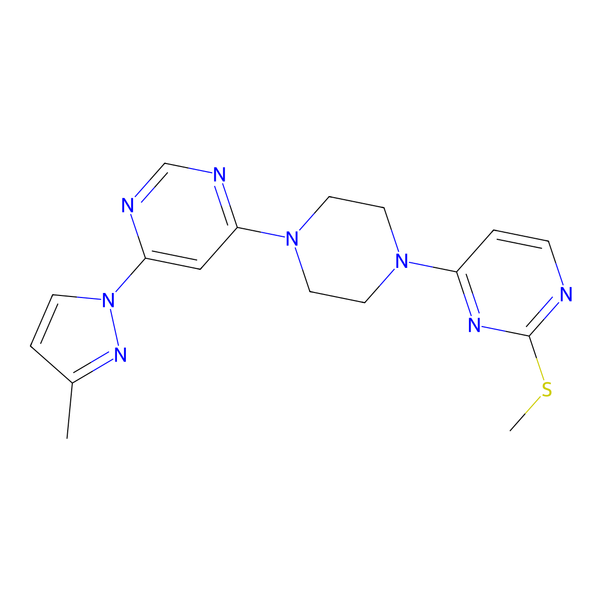 4-(3-methyl-1H-pyrazol-1-yl)-6-{4-[2-(methylsulfanyl)pyrimidin-4-yl]piperazin-1-yl}pyrimidine molecular structure, CAS 2877650-14-9