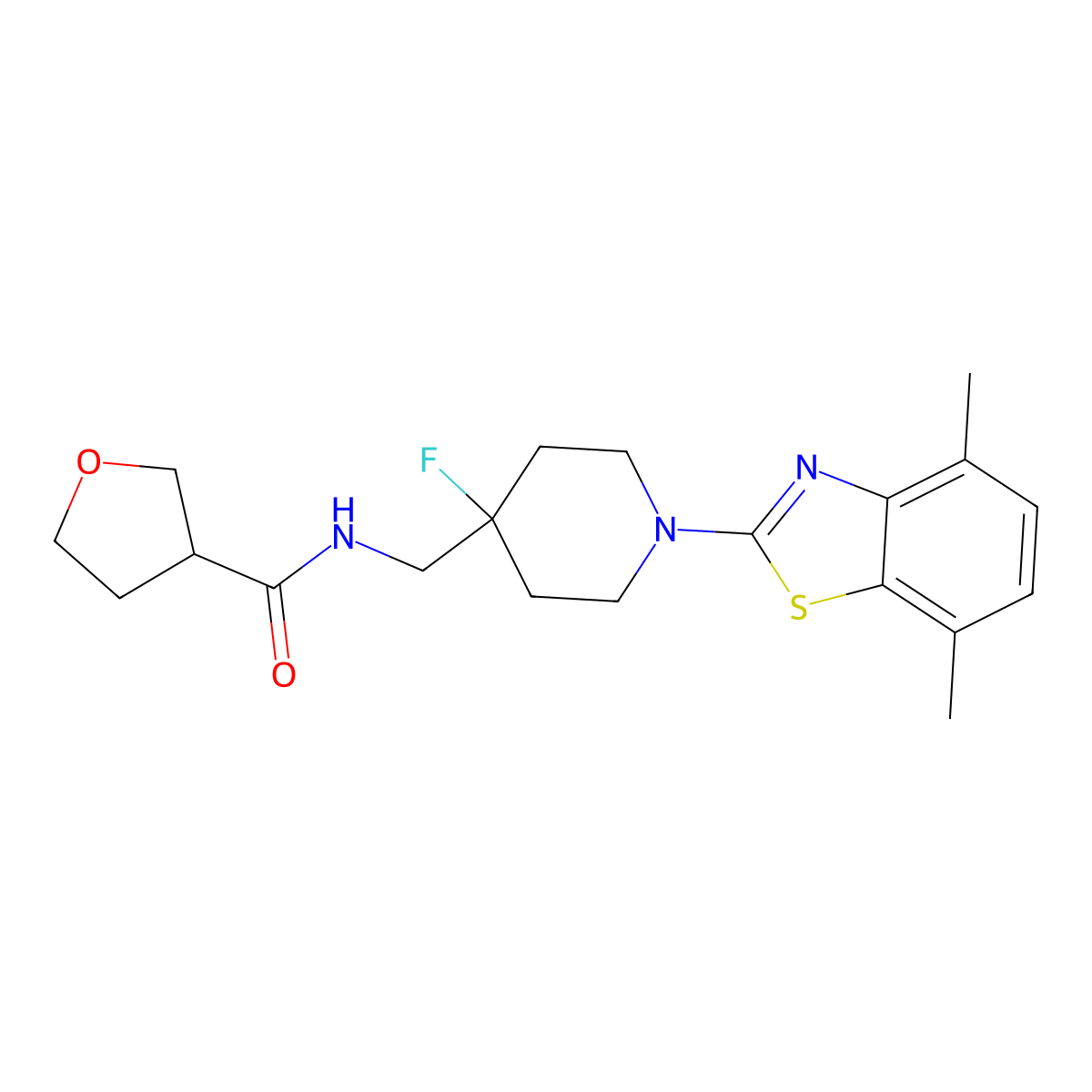 N-{[1-(4,7-dimethyl-1,3-benzothiazol-2-yl)-4-fluoropiperidin-4-yl]methyl}oxolane-3-carboxamide molecular structure, CAS 2877650-15-0