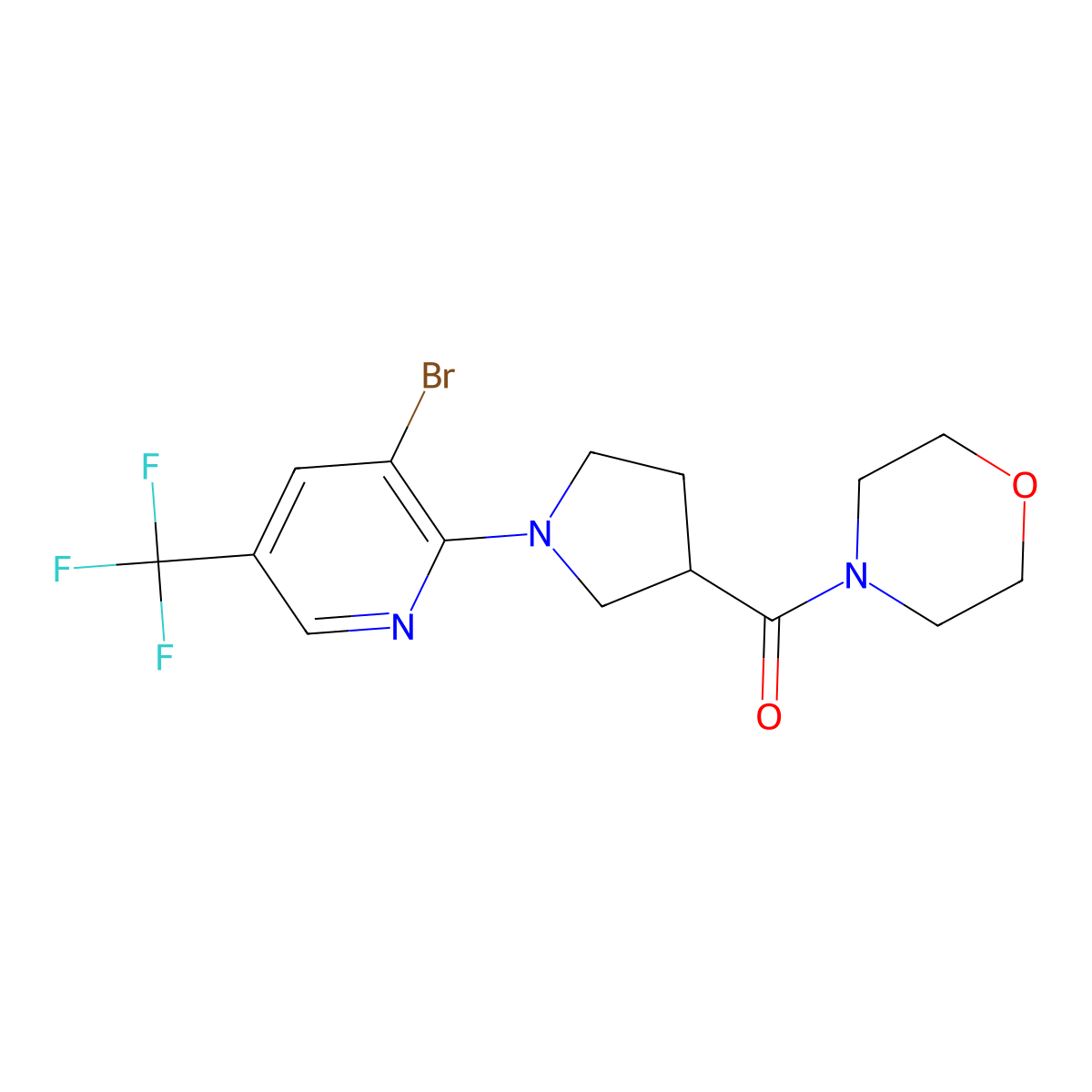 4-{1-[3-Bromo-5-(trifluoromethyl)pyridin-2-yl]pyrrolidine-3-carbonyl}morpholine molecular structure, CAS 2877650-21-8