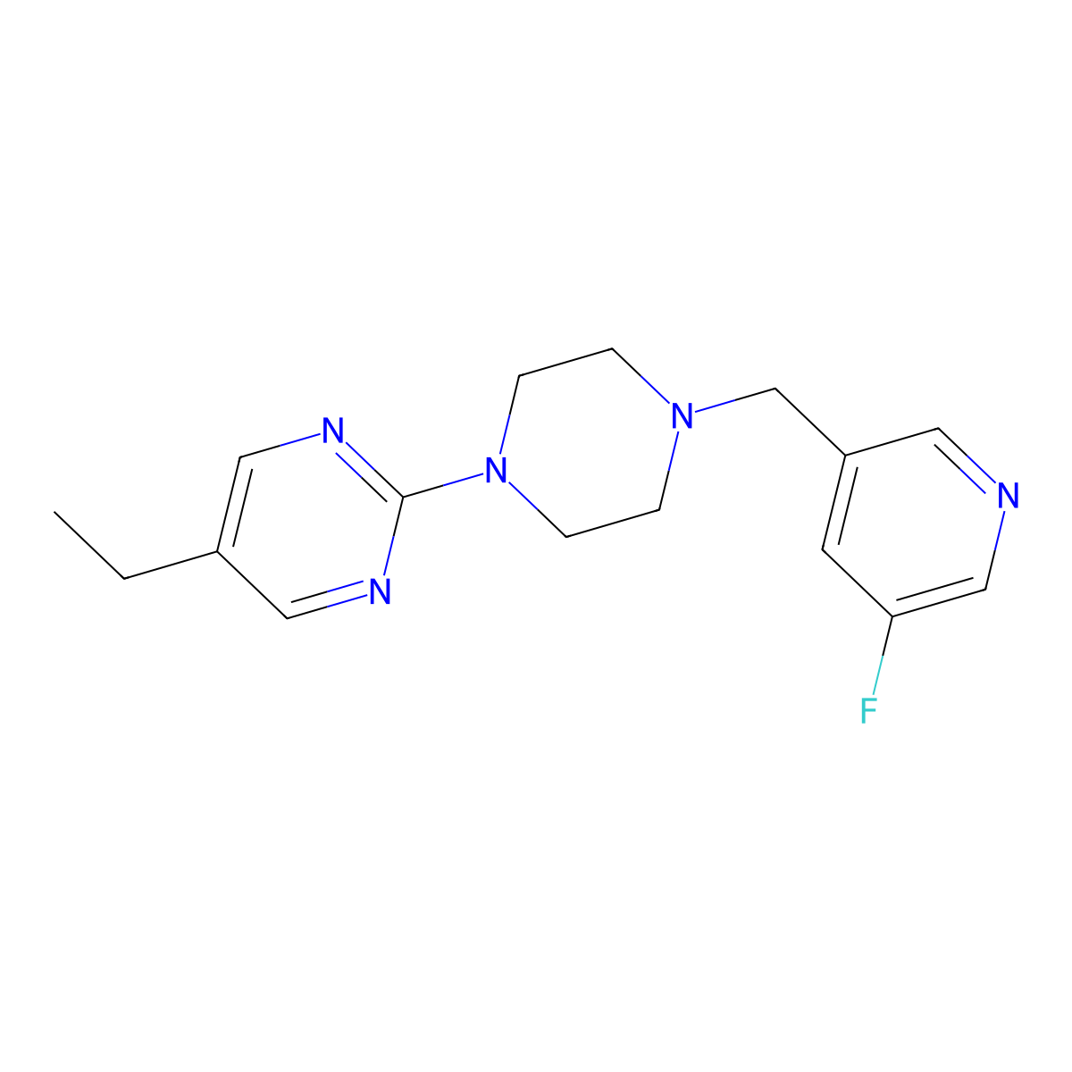 5-Ethyl-2-{4-[(5-fluoropyridin-3-yl)methyl]piperazin-1-yl}pyrimidine molecular structure, CAS 2877650-24-1