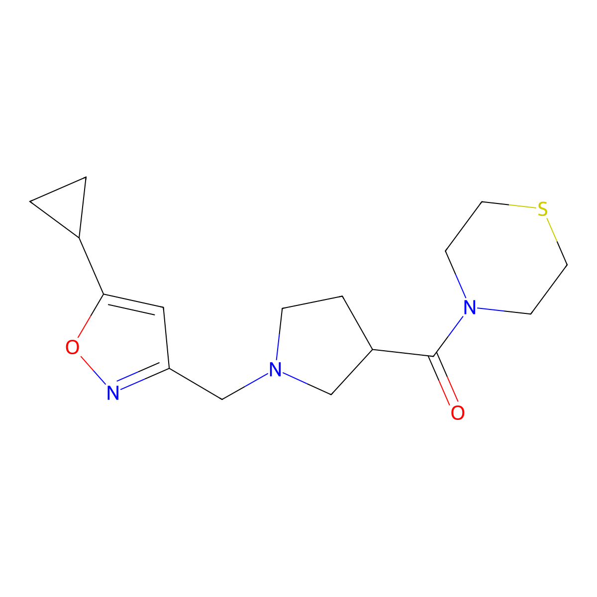 4-{1-[(5-Cyclopropyl-1,2-oxazol-3-yl)methyl]pyrrolidine-3-carbonyl}thiomorpholine molecular structure, CAS 2877650-25-2