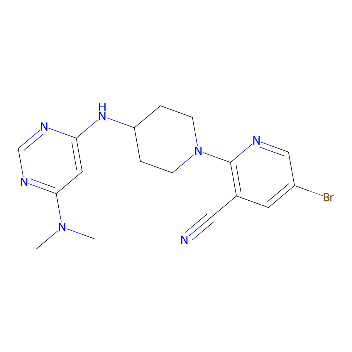 5-Bromo-2-(4-{[6-(dimethylamino)pyrimidin-4-yl]amino}piperidin-1-yl)pyridine-3-carbonitrile molecular structure, CAS 2877650-26-3