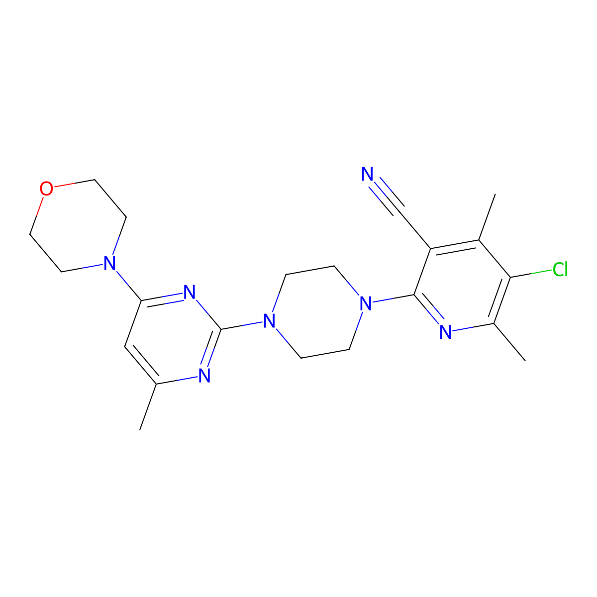 5-Chloro-4,6-dimethyl-2-{4-[4-methyl-6-(morpholin-4-yl)pyrimidin-2-yl]piperazin-1-yl}pyridine-3-carbonitrile molecular structure, CAS 2877650-29-6