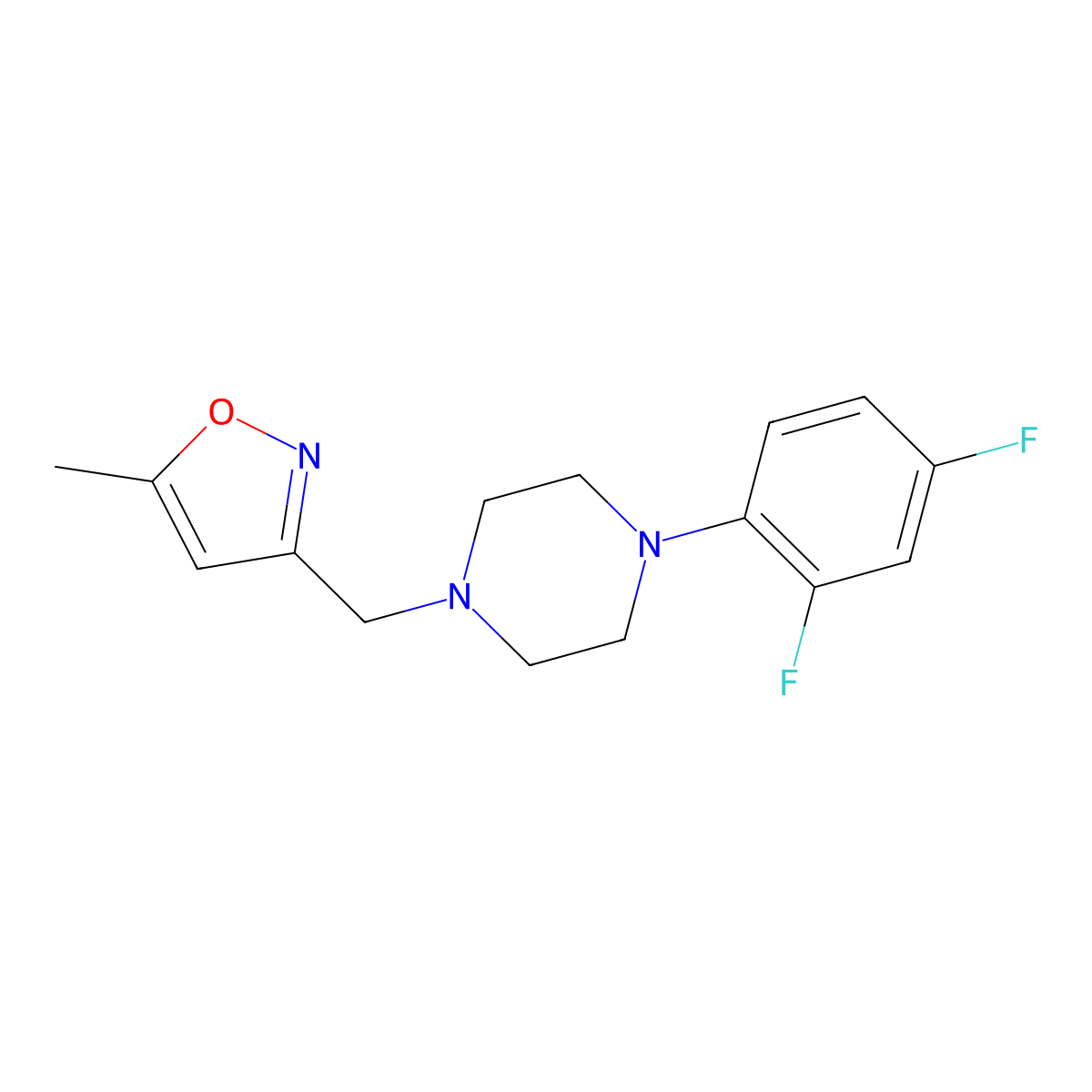 1-(2,4-Difluorophenyl)-4-[(5-methyl-1,2-oxazol-3-yl)methyl]piperazine molecular structure, CAS 2877650-30-9