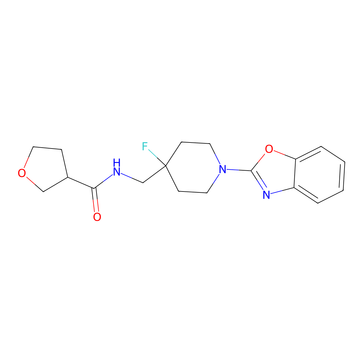 N-{[1-(1,3-benzoxazol-2-yl)-4-fluoropiperidin-4-yl]methyl}oxolane-3-carboxamide molecular structure, CAS 2877650-33-2