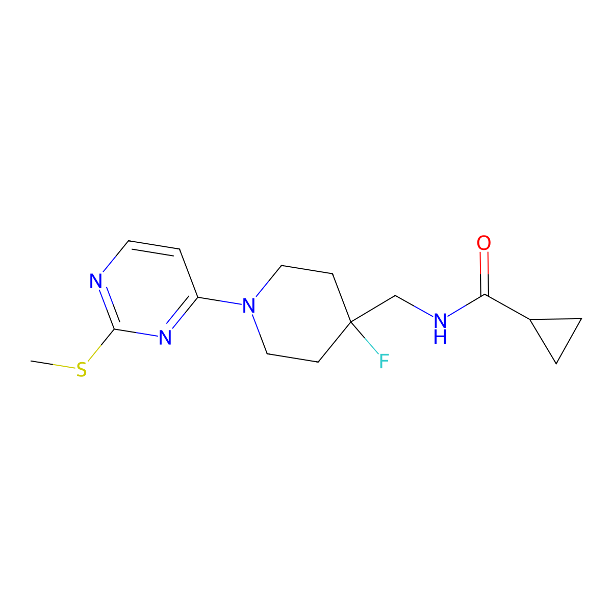 N-({4-fluoro-1-[2-(methylsulfanyl)pyrimidin-4-yl]piperidin-4-yl}methyl)cyclopropanecarboxamide molecular structure, CAS 2877650-42-3
