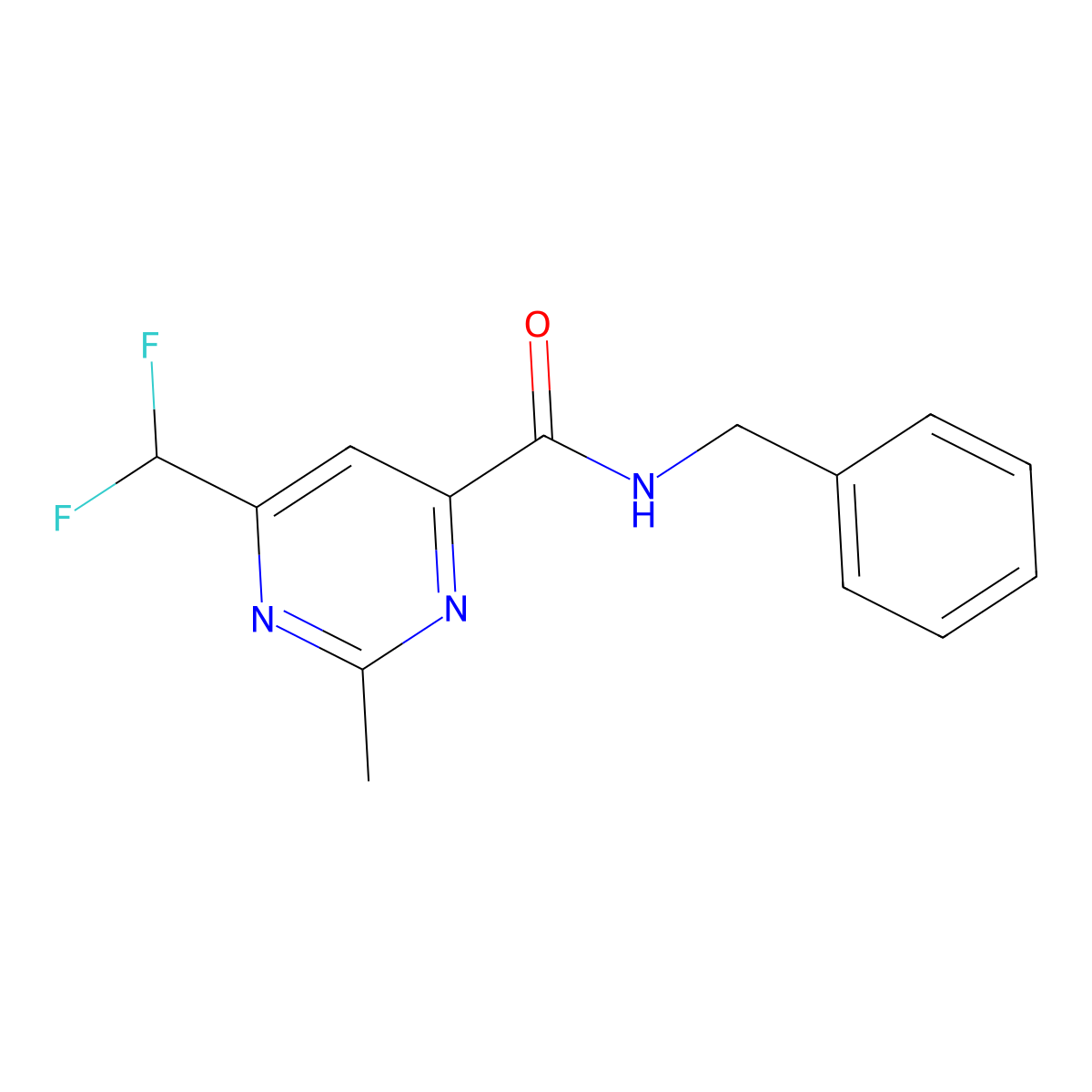 N-benzyl-6-(difluoromethyl)-2-methylpyrimidine-4-carboxamide molecular structure, CAS 2877650-54-7