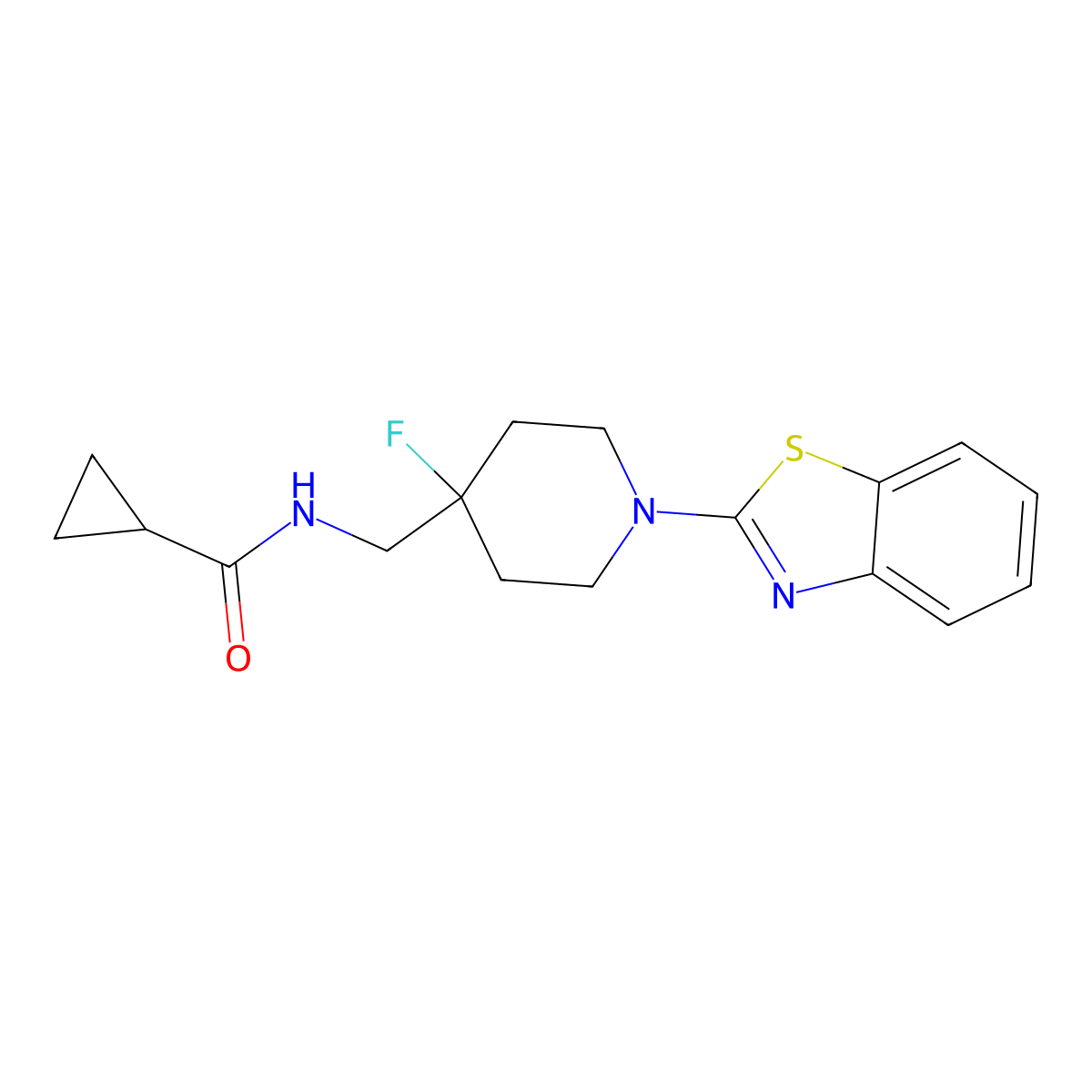 N-{[1-(1,3-benzothiazol-2-yl)-4-fluoropiperidin-4-yl]methyl}cyclopropanecarboxamide molecular structure, CAS 2877650-58-1