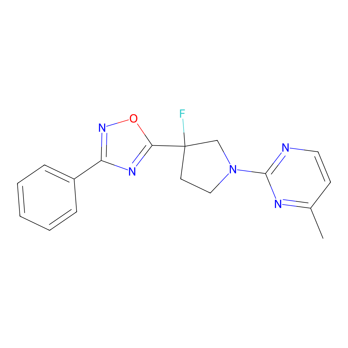 2-[3-Fluoro-3-(3-phenyl-1,2,4-oxadiazol-5-yl)pyrrolidin-1-yl]-4-methylpyrimidine molecular structure, CAS 2877650-63-8