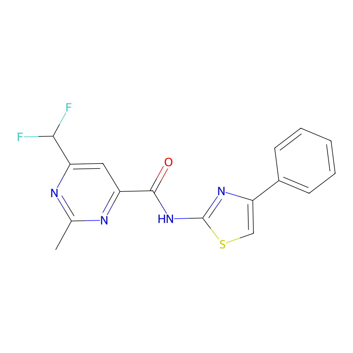 6-(difluoromethyl)-2-methyl-N-(4-phenyl-1,3-thiazol-2-yl)pyrimidine-4-carboxamide molecular structure, CAS 2877650-64-9