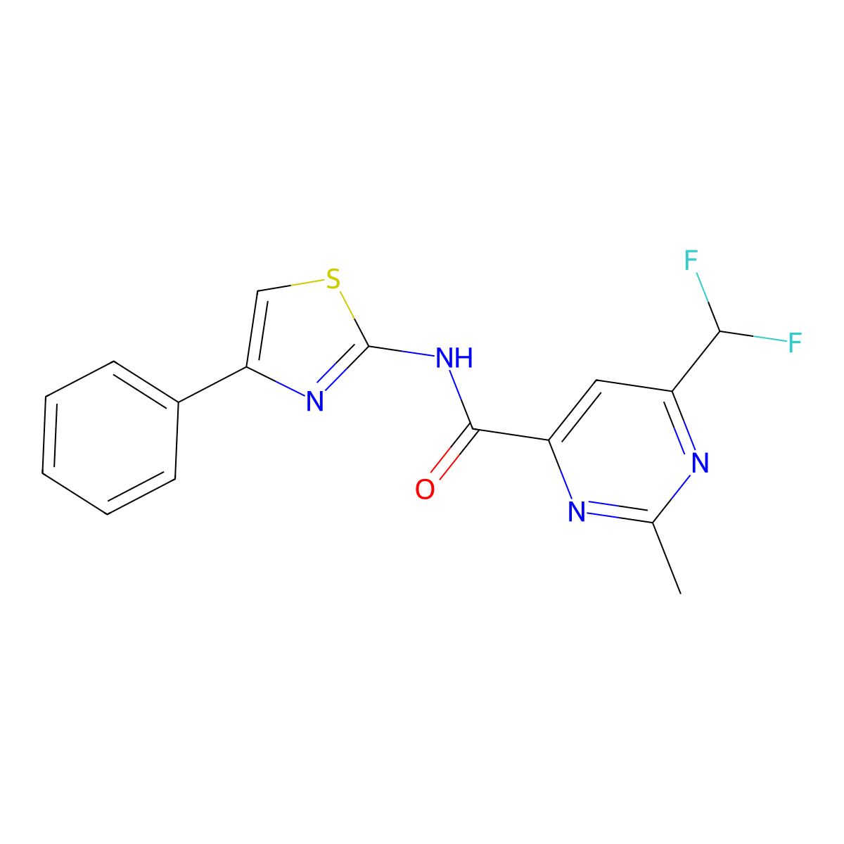 6-(difluoromethyl)-2-methyl-N-(4-phenyl-1,3-thiazol-2-yl)pyrimidine-4-carboxamide molecular structure, CAS 2877650-64-9