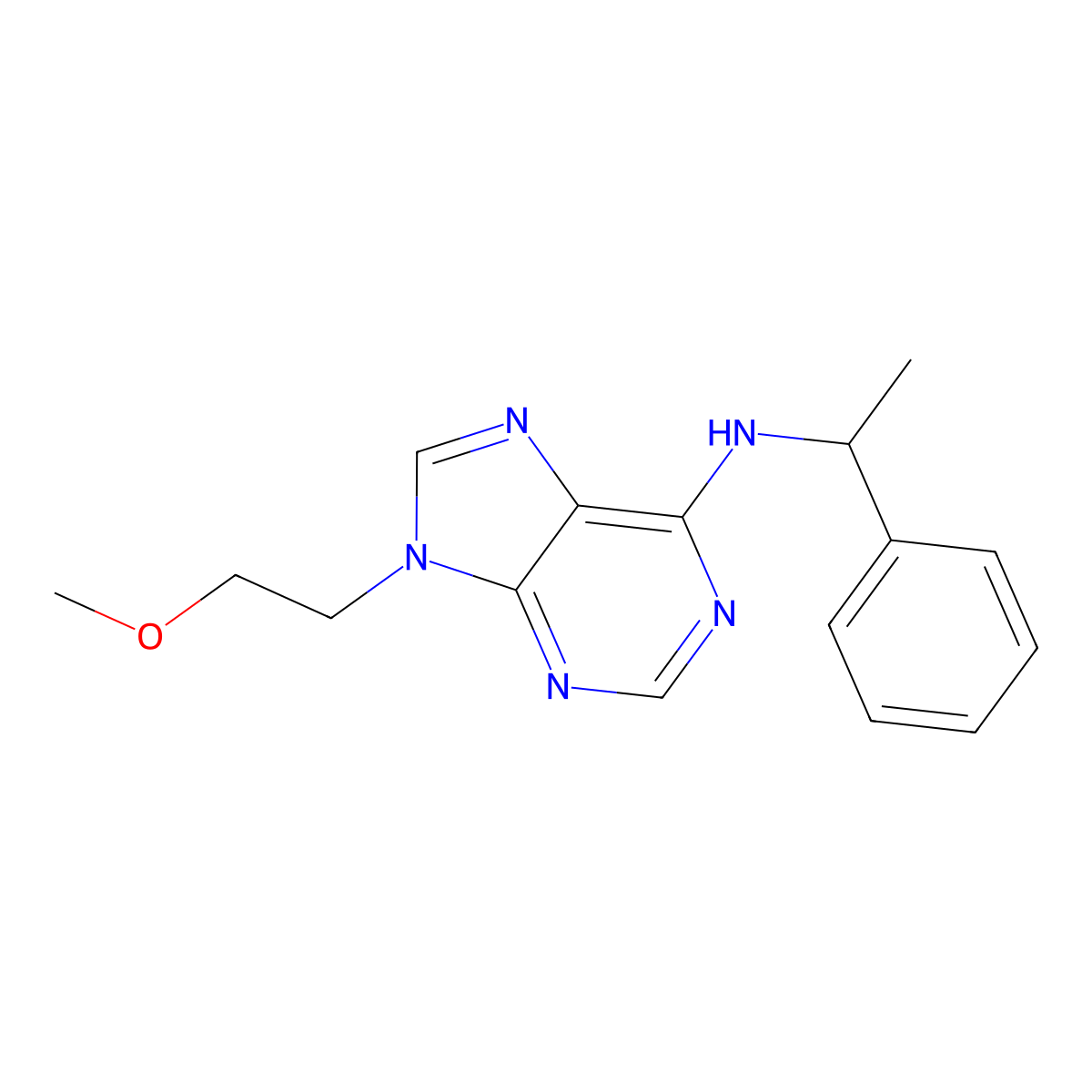 9-(2-methoxyethyl)-N-(1-phenylethyl)-9H-purin-6-amine molecular structure, CAS 2877650-69-4