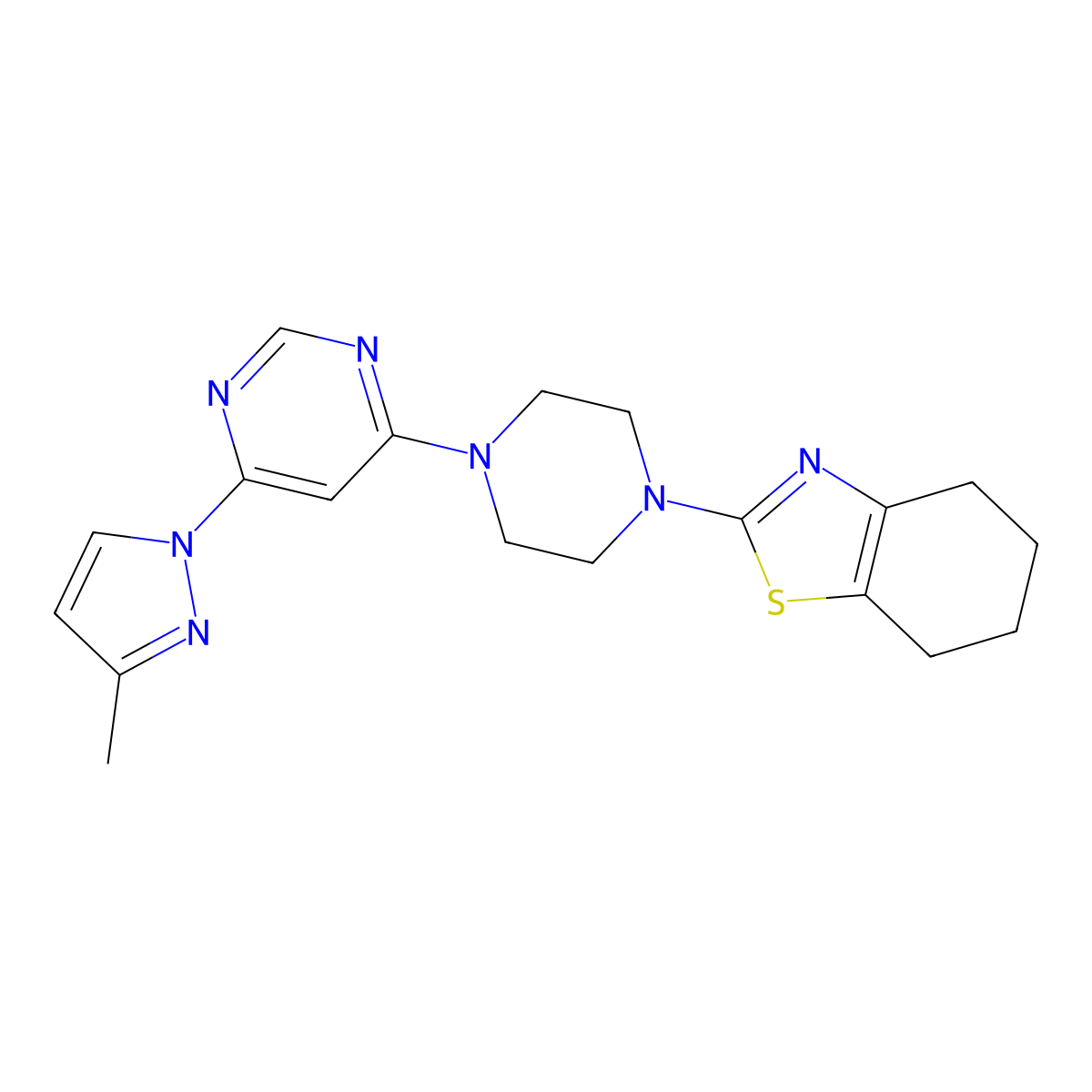 2-{4-[6-(3-methyl-1H-pyrazol-1-yl)pyrimidin-4-yl]piperazin-1-yl}-4,5,6,7-tetrahydro-1,3-benzothiazole molecular structure, CAS 2877650-71-8
