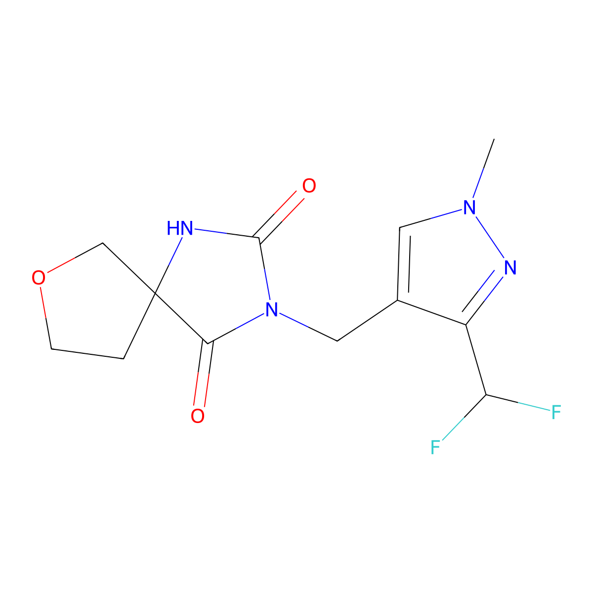 3-{[3-(difluoromethyl)-1-methyl-1H-pyrazol-4-yl]methyl}-7-oxa-1,3-diazaspiro[4.4]nonane-2,4-dione molecular structure, CAS 2877650-74-1