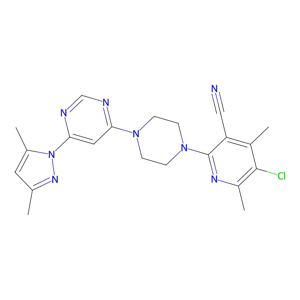 5-chloro-2-{4-[6-(3,5-dimethyl-1H-pyrazol-1-yl)pyrimidin-4-yl]piperazin-1-yl}-4,6-dimethylpyridine-3-carbonitrile molecular structure, CAS 2877650-75-2