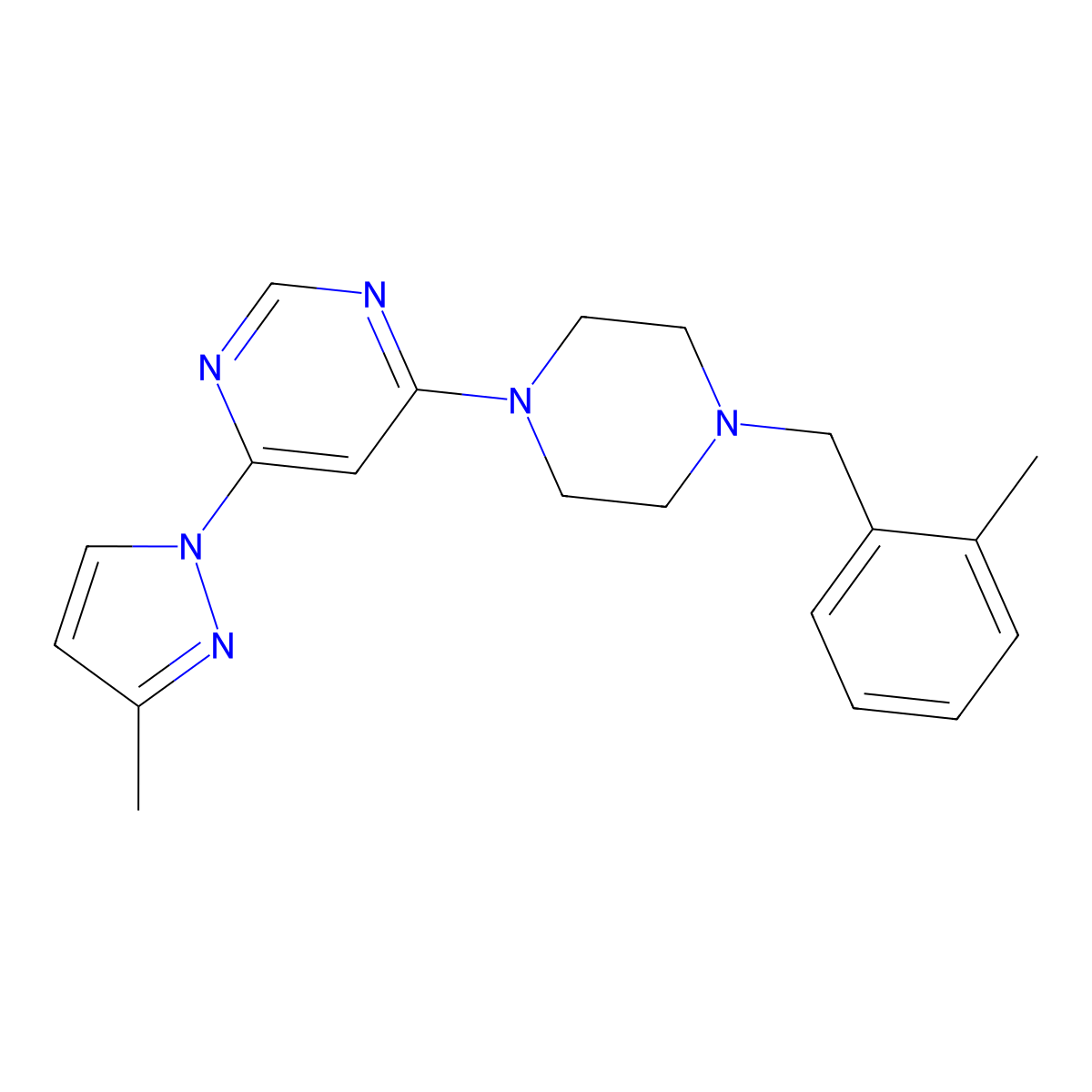 4-(3-methyl-1H-pyrazol-1-yl)-6-{4-[(2-methylphenyl)methyl]piperazin-1-yl}pyrimidine molecular structure, CAS 2877650-77-4