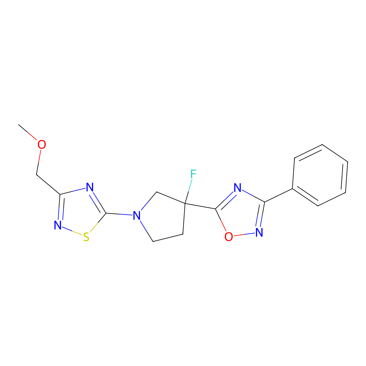 5-{3-Fluoro-1-[3-(methoxymethyl)-1,2,4-thiadiazol-5-yl]pyrrolidin-3-yl}-3-phenyl-1,2,4-oxadiazole molecular structure, CAS 2877650-83-2