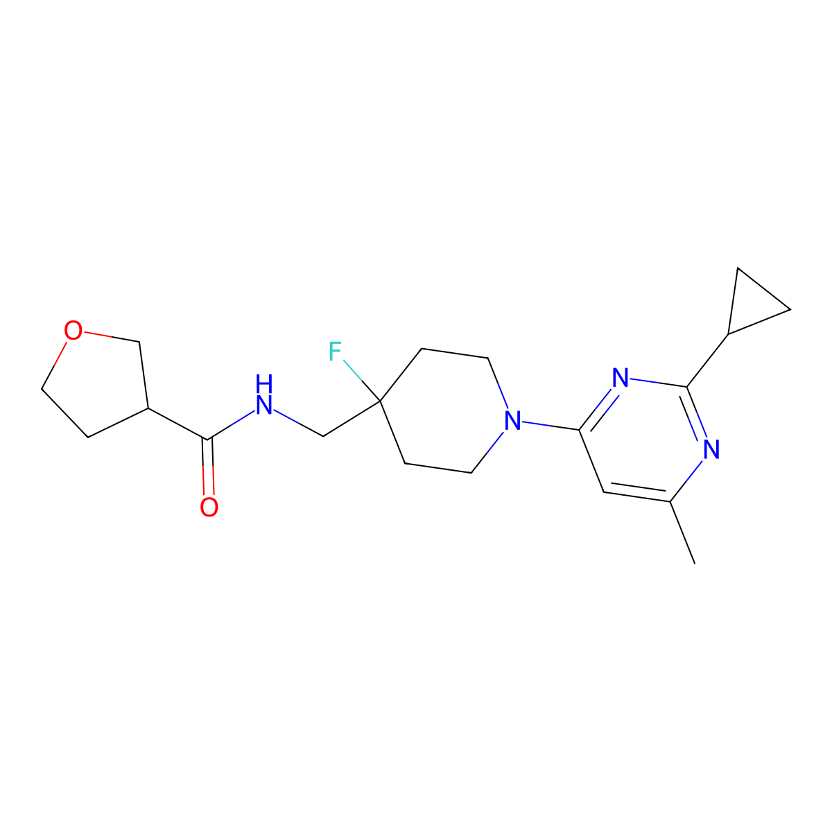 N-{[1-(2-cyclopropyl-6-methylpyrimidin-4-yl)-4-fluoropiperidin-4-yl]methyl}oxolane-3-carboxamide molecular structure, CAS 2877650-84-3