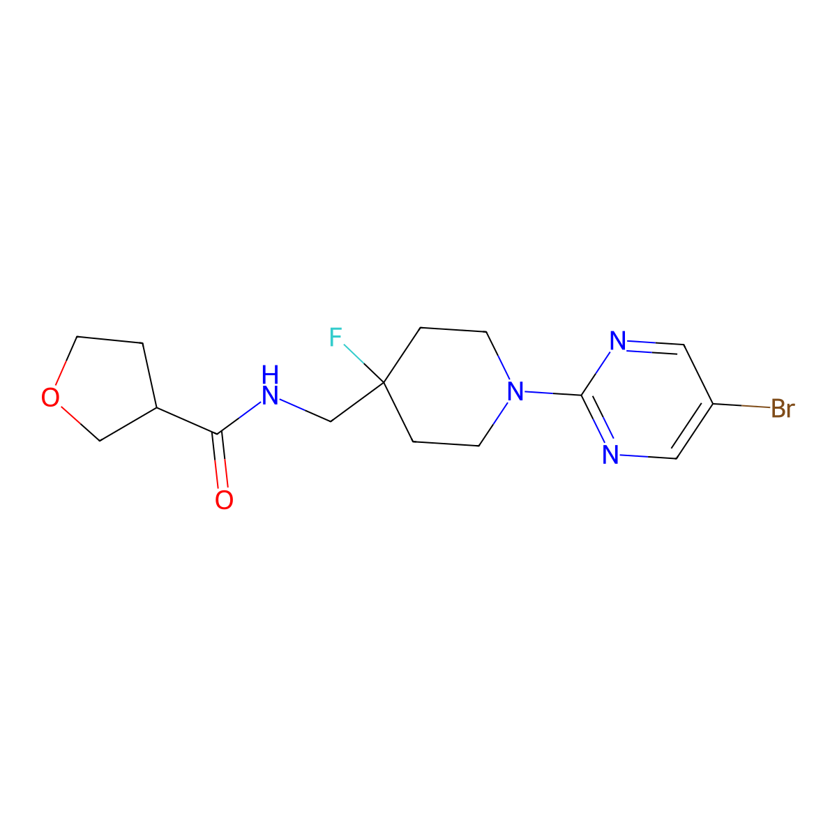 N-{[1-(5-bromopyrimidin-2-yl)-4-fluoropiperidin-4-yl]methyl}oxolane-3-carboxamide molecular structure, CAS 2877650-86-5