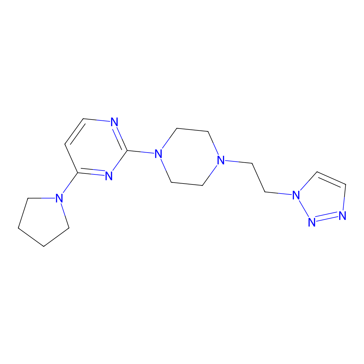 4-(pyrrolidin-1-yl)-2-{4-[2-(1H-1,2,3-triazol-1-yl)ethyl]piperazin-1-yl}pyrimidine molecular structure, CAS 2877650-99-0
