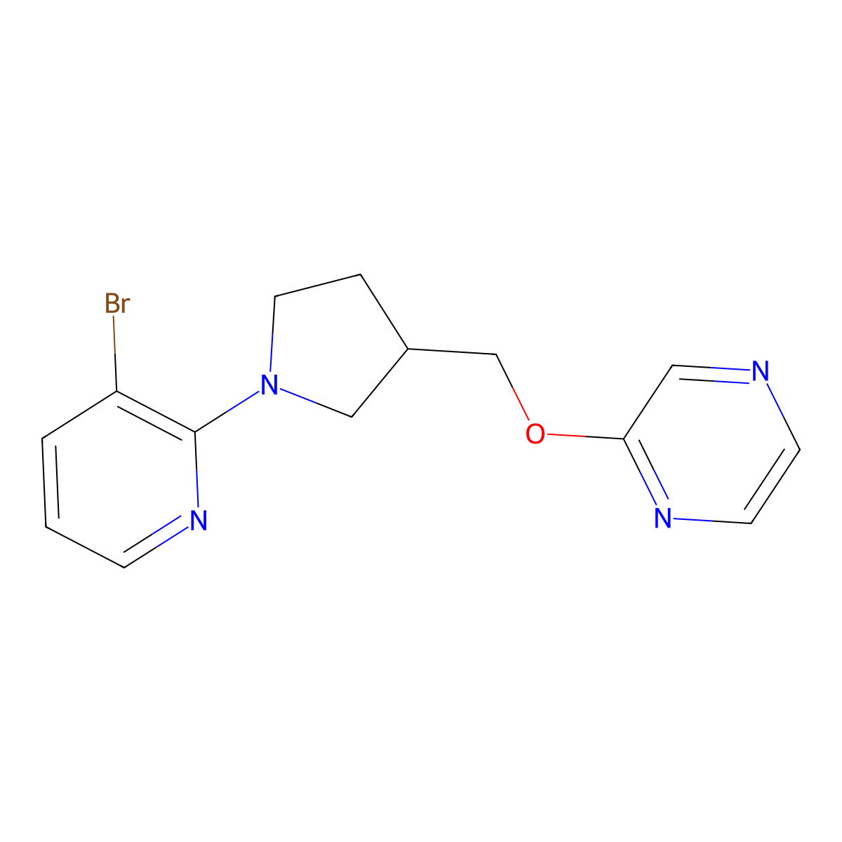 2-{[1-(3-Bromopyridin-2-yl)pyrrolidin-3-yl]methoxy}pyrazine molecular structure, CAS 2877651-02-8