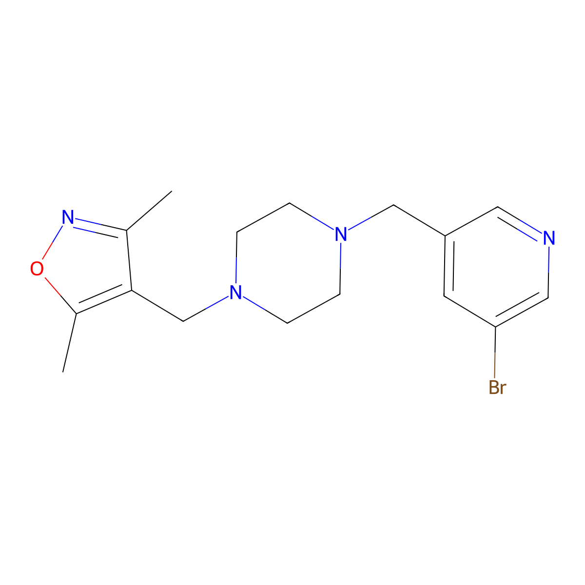 1-[(5-Bromopyridin-3-yl)methyl]-4-[(3,5-dimethyl-1,2-oxazol-4-yl)methyl]piperazine molecular structure, CAS 2877651-04-0