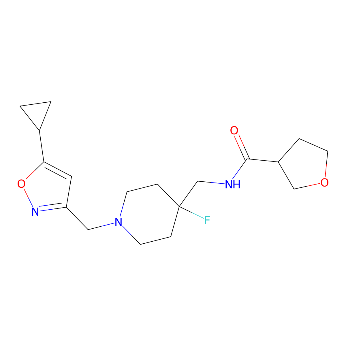 N-({1-[(5-cyclopropyl-1,2-oxazol-3-yl)methyl]-4-fluoropiperidin-4-yl}methyl)oxolane-3-carboxamide molecular structure, CAS 2877651-05-1