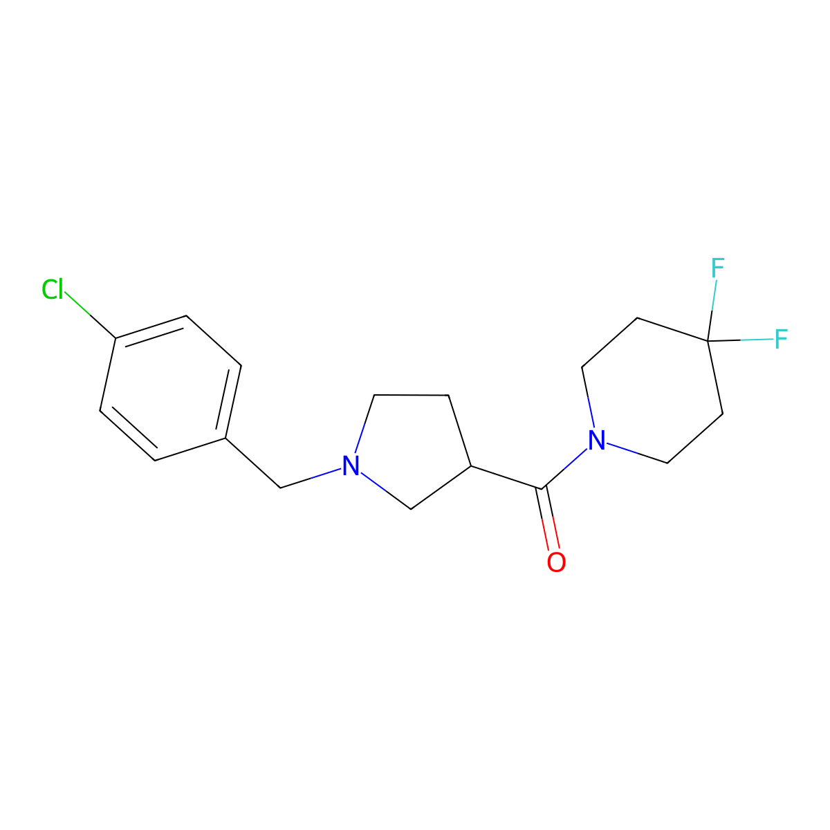 1-{1-[(4-Chlorophenyl)methyl]pyrrolidine-3-carbonyl}-4,4-difluoropiperidine molecular structure, CAS 2877651-10-8