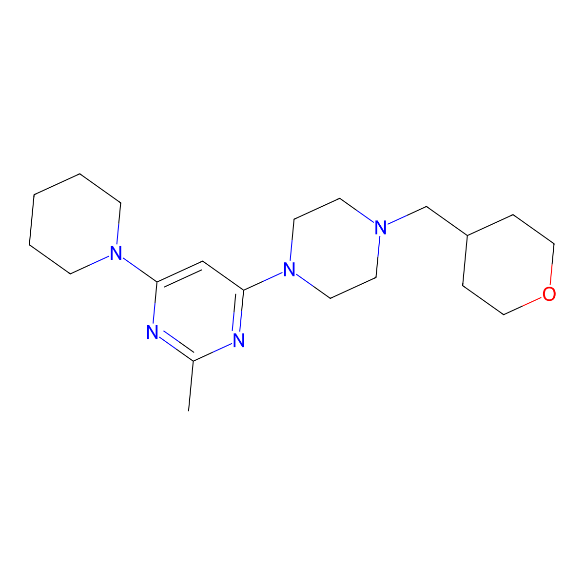 2-Methyl-4-{4-[(oxan-4-yl)methyl]piperazin-1-yl}-6-(piperidin-1-yl)pyrimidine molecular structure, CAS 2877651-20-0
