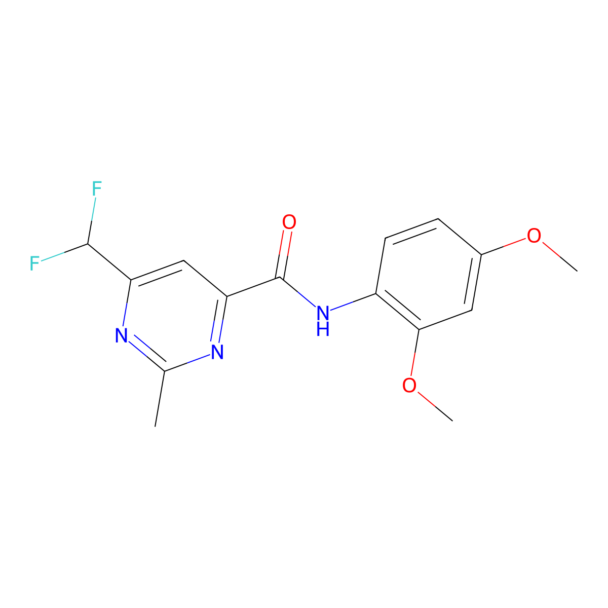 6-(difluoromethyl)-N-(2,4-dimethoxyphenyl)-2-methylpyrimidine-4-carboxamide molecular structure, CAS 2877651-26-6