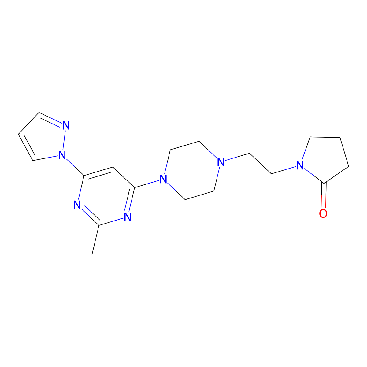 1-(2-{4-[2-methyl-6-(1H-pyrazol-1-yl)pyrimidin-4-yl]piperazin-1-yl}ethyl)pyrrolidin-2-one molecular structure, CAS 2877651-28-8