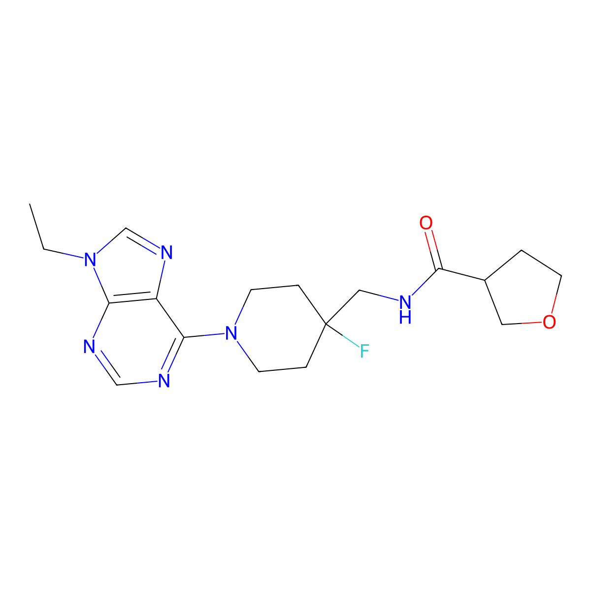 N-{[1-(9-ethyl-9H-purin-6-yl)-4-fluoropiperidin-4-yl]methyl}oxolane-3-carboxamide molecular structure, CAS 2877651-34-6