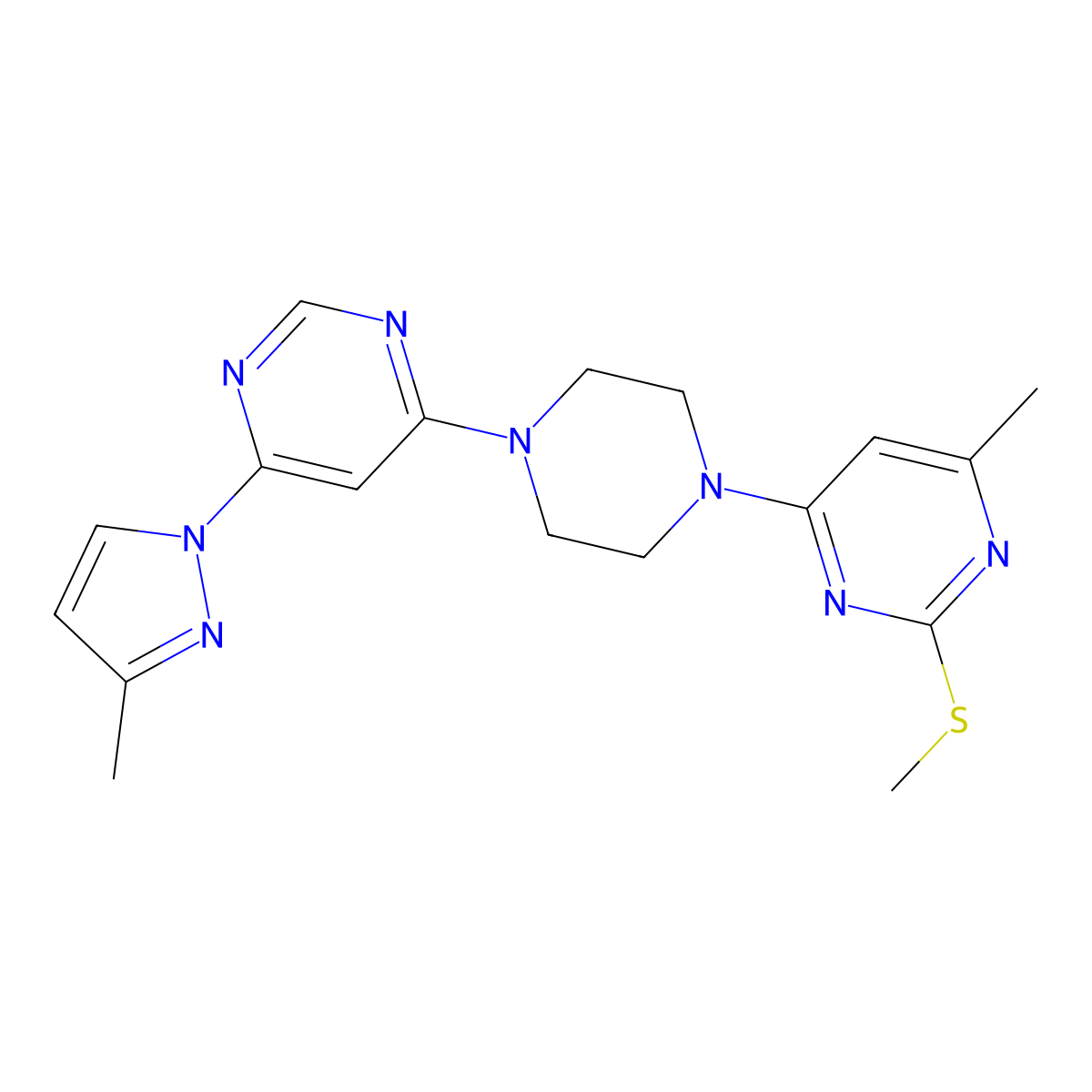 4-methyl-6-{4-[6-(3-methyl-1H-pyrazol-1-yl)pyrimidin-4-yl]piperazin-1-yl}-2-(methylsulfanyl)pyrimidine molecular structure, CAS 2877651-38-0