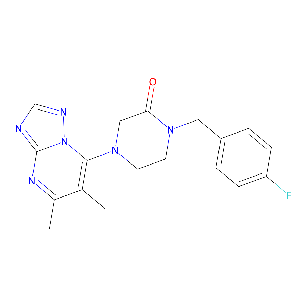 4-{5,6-Dimethyl-[1,2,4]triazolo[1,5-a]pyrimidin-7-yl}-1-[(4-fluorophenyl)methyl]piperazin-2-one molecular structure, CAS 2877651-39-1