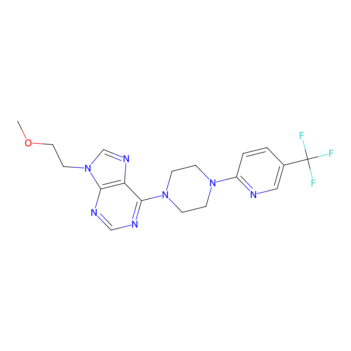 9-(2-methoxyethyl)-6-{4-[5-(trifluoromethyl)pyridin-2-yl]piperazin-1-yl}-9H-purine molecular structure, CAS 2877651-44-8