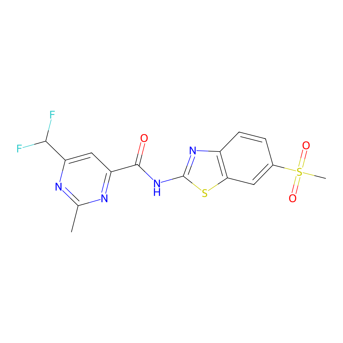 6-(difluoromethyl)-N-(6-methanesulfonyl-1,3-benzothiazol-2-yl)-2-methylpyrimidine-4-carboxamide molecular structure, CAS 2877651-48-2