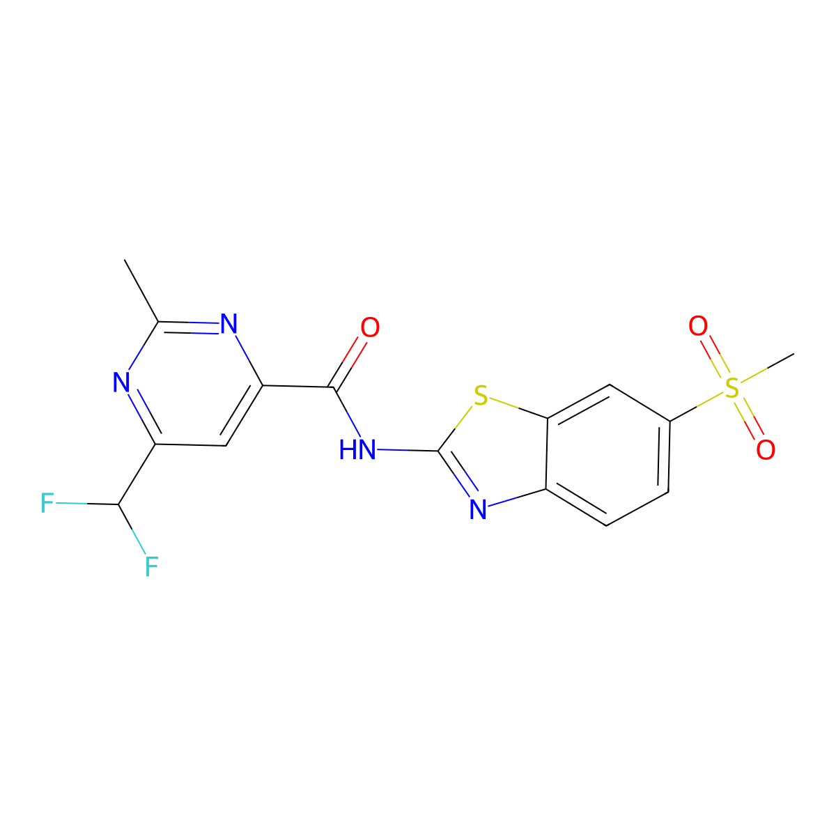 6-(difluoromethyl)-N-(6-methanesulfonyl-1,3-benzothiazol-2-yl)-2-methylpyrimidine-4-carboxamide molecular structure, CAS 2877651-48-2