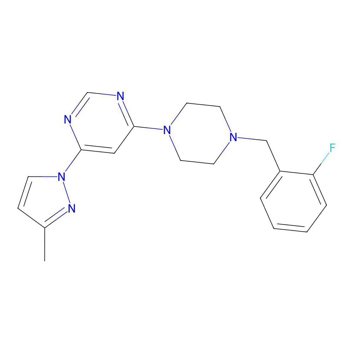 4-{4-[(2-fluorophenyl)methyl]piperazin-1-yl}-6-(3-methyl-1H-pyrazol-1-yl)pyrimidine molecular structure, CAS 2877651-54-0