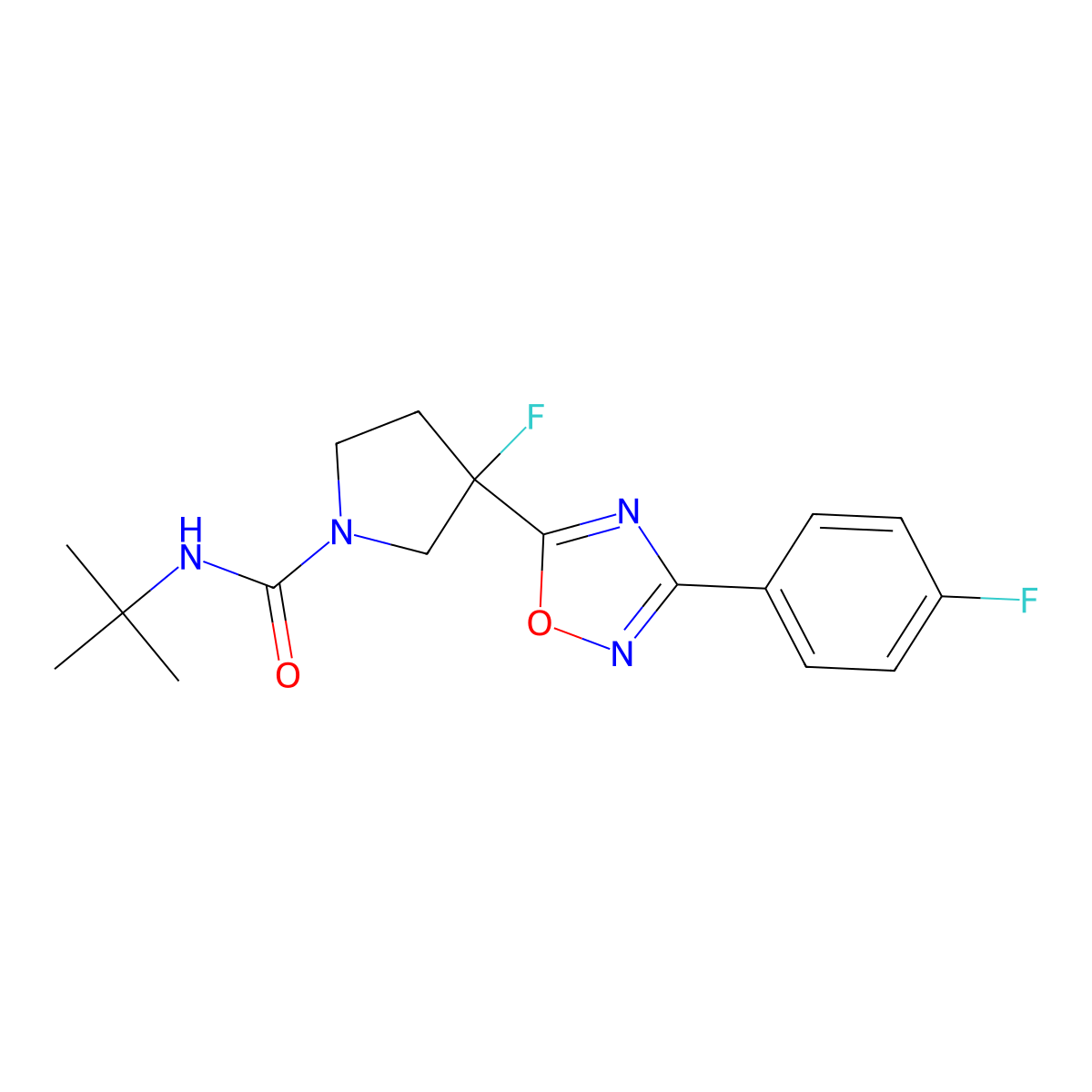 N-tert-butyl-3-fluoro-3-[3-(4-fluorophenyl)-1,2,4-oxadiazol-5-yl]pyrrolidine-1-carboxamide molecular structure, CAS 2877651-62-0