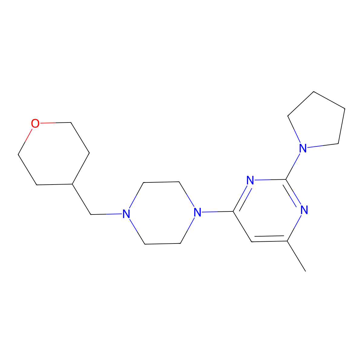 4-Methyl-6-{4-[(oxan-4-yl)methyl]piperazin-1-yl}-2-(pyrrolidin-1-yl)pyrimidine molecular structure, CAS 2877651-97-1