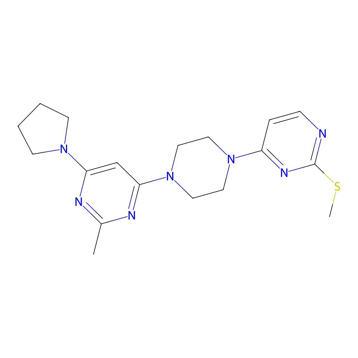 2-Methyl-4-{4-[2-(methylsulfanyl)pyrimidin-4-yl]piperazin-1-yl}-6-(pyrrolidin-1-yl)pyrimidine molecular structure, CAS 2877652-05-4