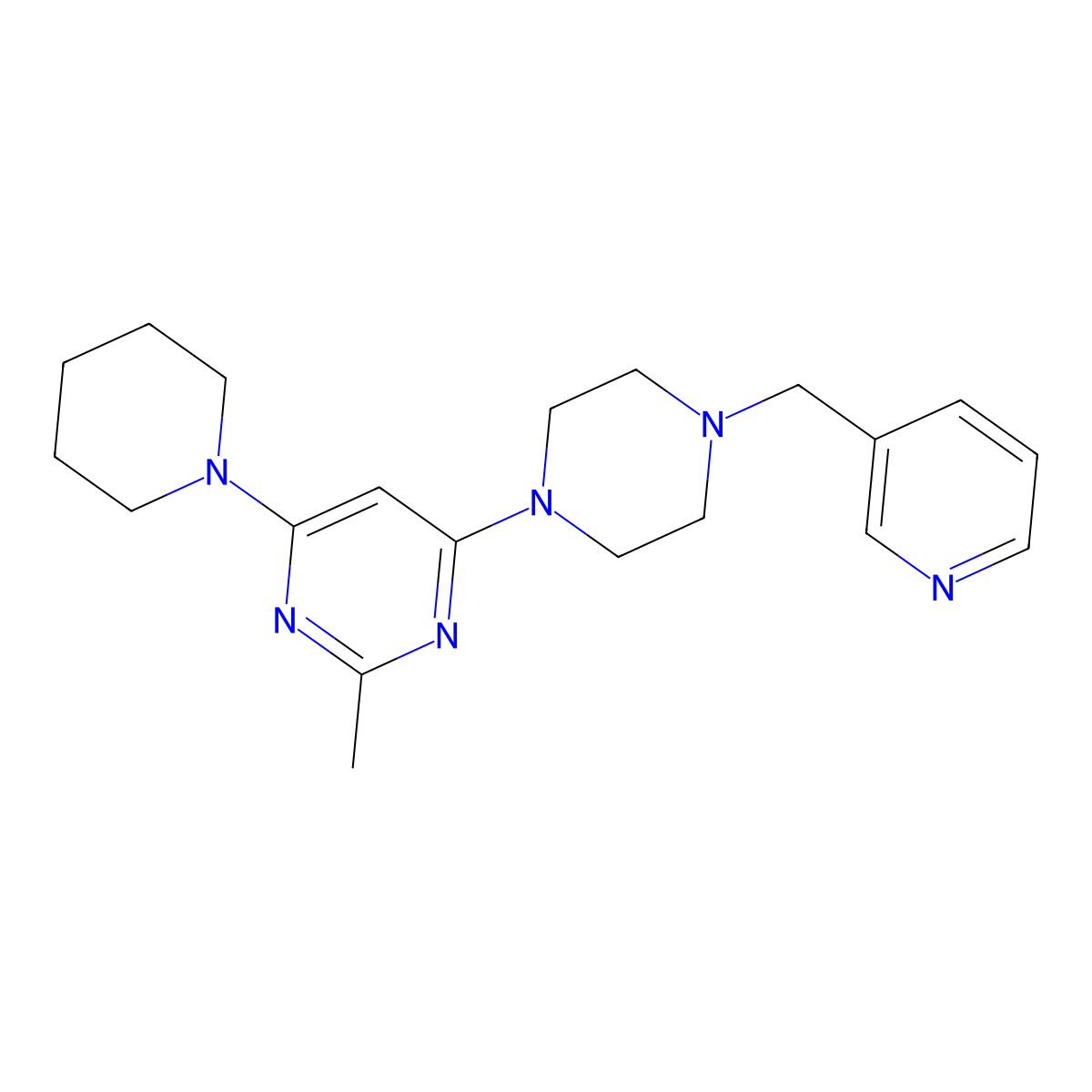 2-Methyl-4-(piperidin-1-yl)-6-{4-[(pyridin-3-yl)methyl]piperazin-1-yl}pyrimidine molecular structure, CAS 2877652-10-1