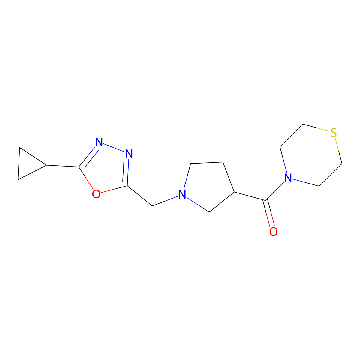 4-{1-[(5-Cyclopropyl-1,3,4-oxadiazol-2-yl)methyl]pyrrolidine-3-carbonyl}thiomorpholine molecular structure, CAS 2877652-13-4