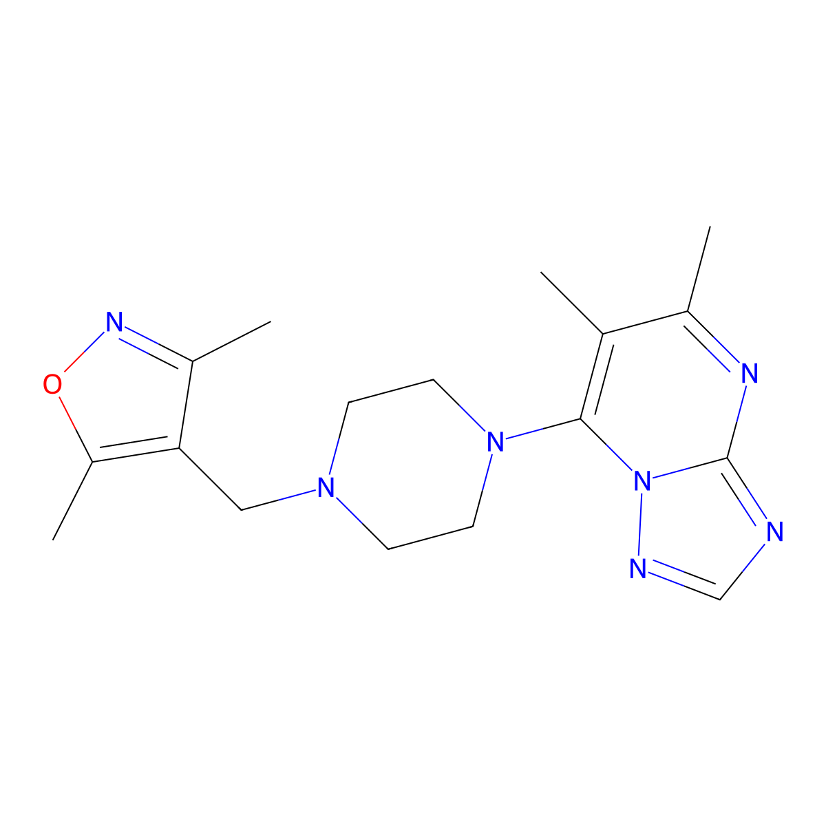 1-[(3,5-Dimethyl-1,2-oxazol-4-yl)methyl]-4-{5,6-dimethyl-[1,2,4]triazolo[1,5-a]pyrimidin-7-yl}piperazine molecular structure, CAS 2877652-19-0
