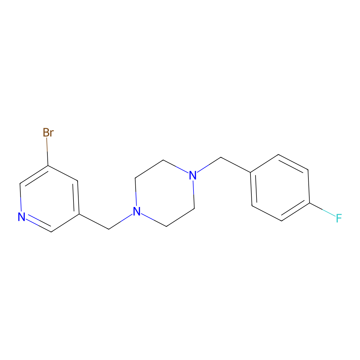 1-[(5-Bromopyridin-3-yl)methyl]-4-[(4-fluorophenyl)methyl]piperazine molecular structure, CAS 2877652-23-6