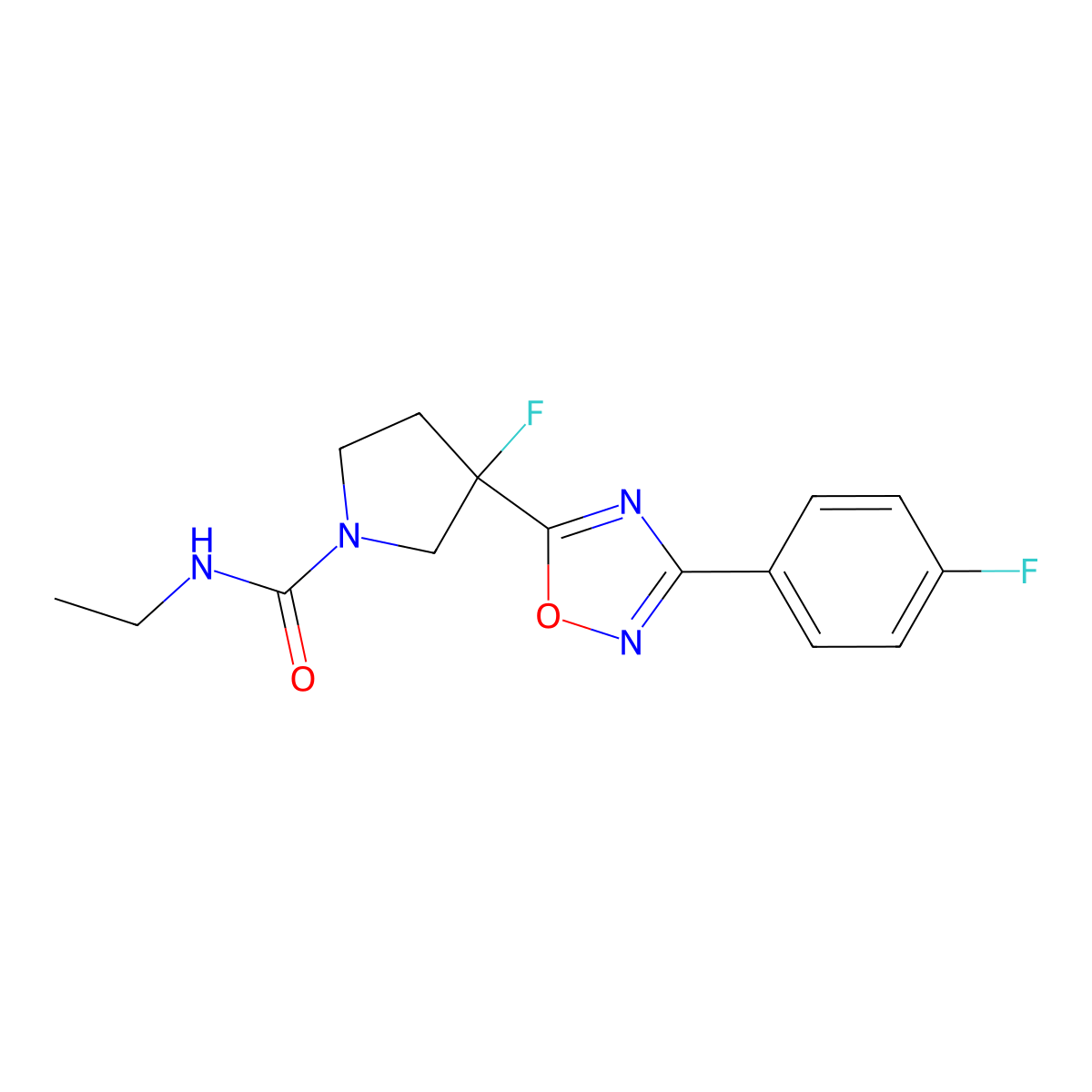 N-ethyl-3-fluoro-3-[3-(4-fluorophenyl)-1,2,4-oxadiazol-5-yl]pyrrolidine-1-carboxamide molecular structure, CAS 2877652-28-1