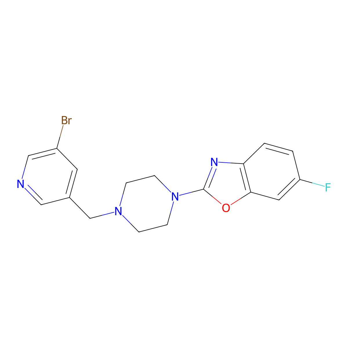 2-{4-[(5-Bromopyridin-3-yl)methyl]piperazin-1-yl}-6-fluoro-1,3-benzoxazole molecular structure, CAS 2877652-29-2