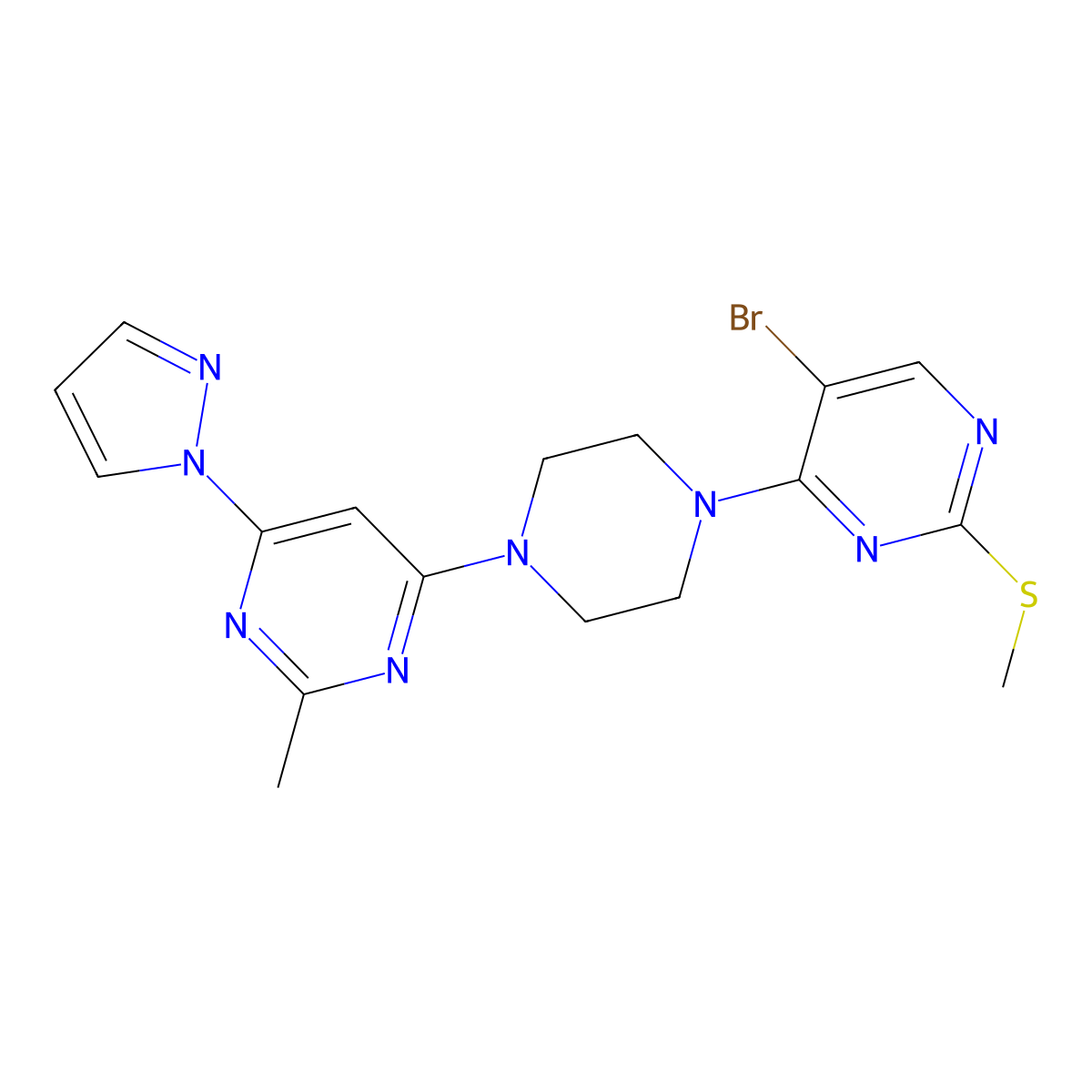 4-{4-[5-bromo-2-(methylsulfanyl)pyrimidin-4-yl]piperazin-1-yl}-2-methyl-6-(1H-pyrazol-1-yl)pyrimidine molecular structure, CAS 2877652-32-7
