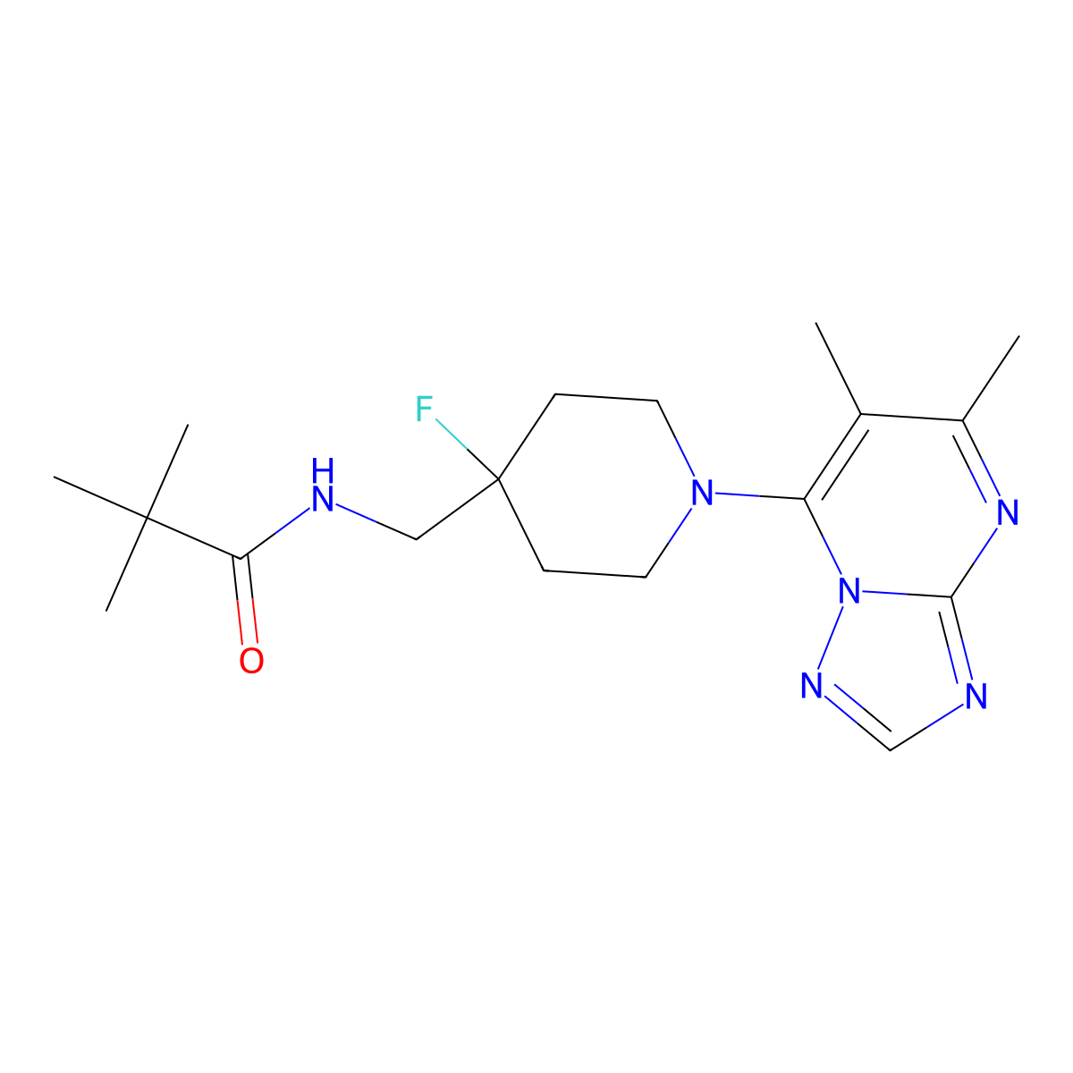N-[(1-{5,6-dimethyl-[1,2,4]triazolo[1,5-a]pyrimidin-7-yl}-4-fluoropiperidin-4-yl)methyl]-2,2-dimethylpropanamide molecular structure, CAS 2877652-48-5