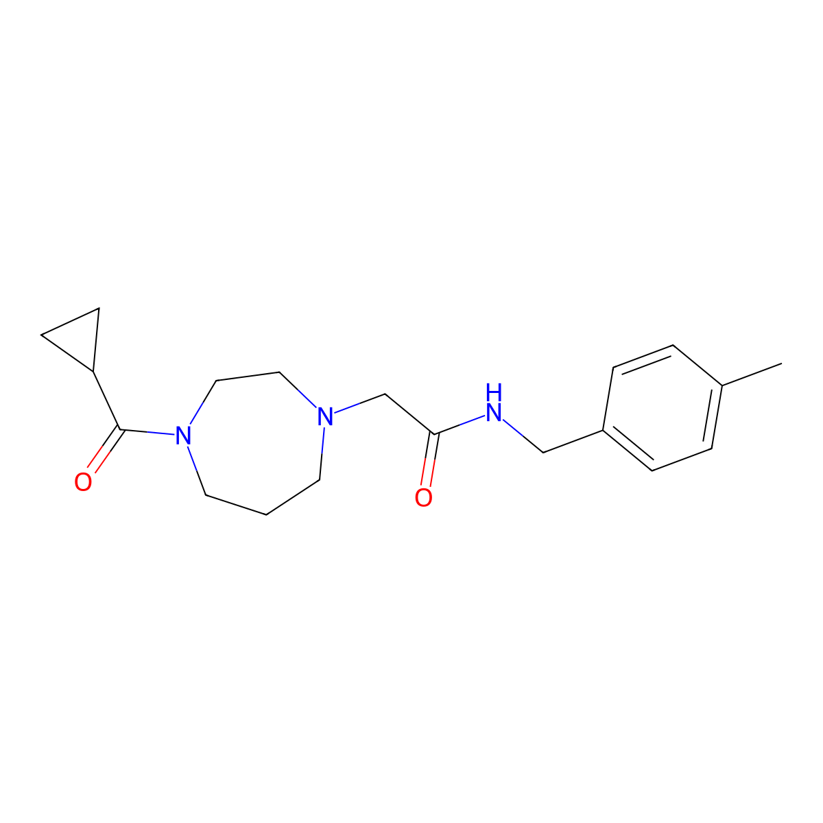 2-(4-cyclopropanecarbonyl-1,4-diazepan-1-yl)-N-[(4-methylphenyl)methyl]acetamide molecular structure, CAS 2877652-64-5